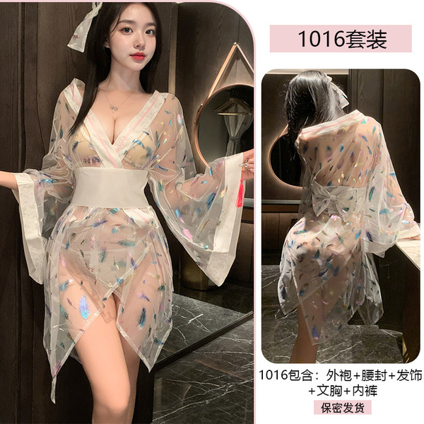 Japanese-Style Waist-Cinching Lace Bodysuit - Sheer Kimono-Inspired Erotic Lingerie Set for Bedroom Wear - 1016 White