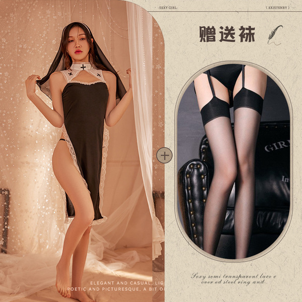 Midnight Temptation Sexy Nun Costume - Lace Bodice Role Play Outfit with Sheer Panels & High Slit - Image Set + 102 Black