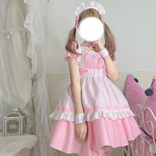 S4XL Maid Costume Cosplay Dress - Lolita Style Plus Size Servant Outfit for Women - 103 Pink [Skirt + Apron + Bracelet + Leg Ring + Necklace + Headwear]