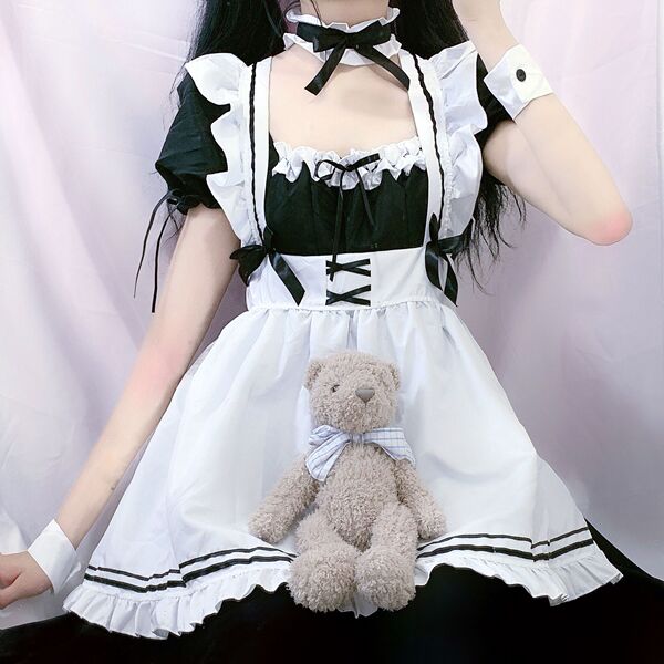 S4XL Maid Costume Cosplay Dress - Lolita Style Plus Size Servant Outfit for Women - 103 Black [Skirt + Apron + Bracelet + Leg Ring + Necklace + Headwear]
