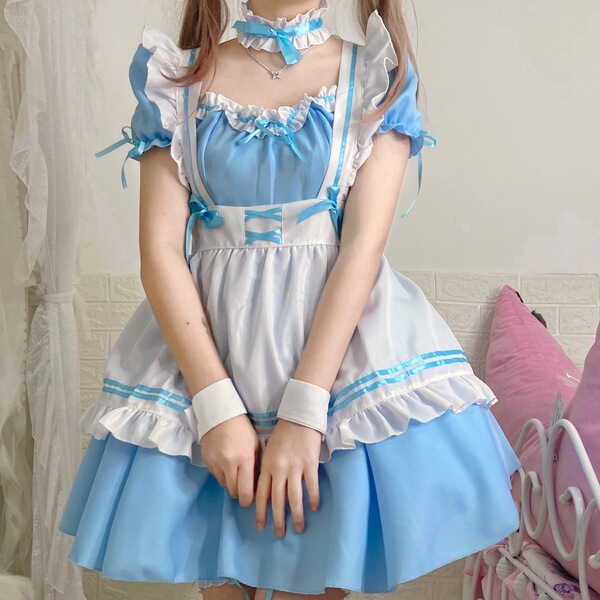 S4XL Maid Costume Cosplay Dress - Lolita Style Plus Size Servant Outfit for Women - 103 Blue [Skirt + Apron + Bracelet + Leg Ring + Necklace + Headwear]
