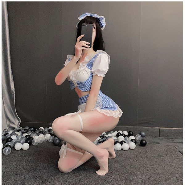 Sexy Maid Costume Set - Seductive Lingerie & Sweet Cosplay Uniform for Women - Blue Maid [Hairpin + Top + Skirt + Panties] + 1041 Plain White Stockings