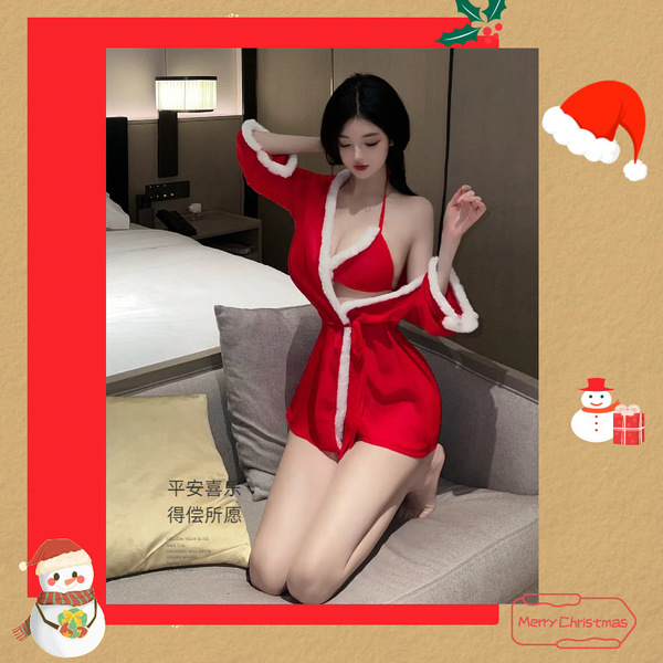 Sexy New Year Themed Lingerie Set - Three-Piece Holiday Costume with Open-Crotch Design for Playful Outfit Inspiration - P-111