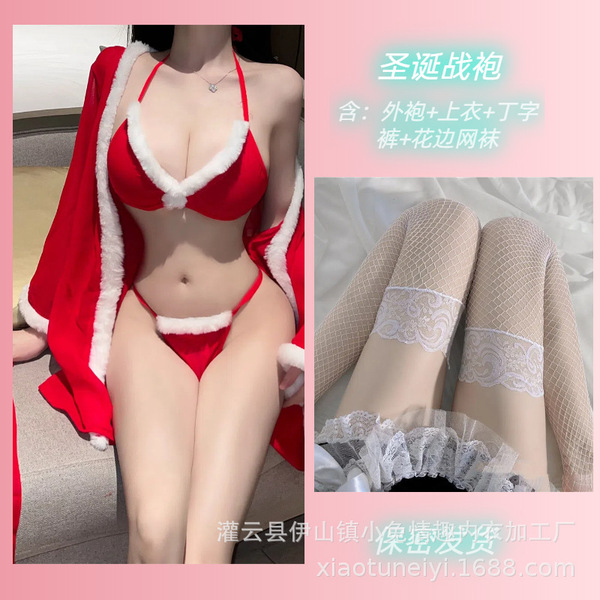 Sexy New Year Themed Lingerie Set - Three-Piece Holiday Costume with Open-Crotch Design for Playful Outfit Inspiration - P-111+ Socks 5 White
