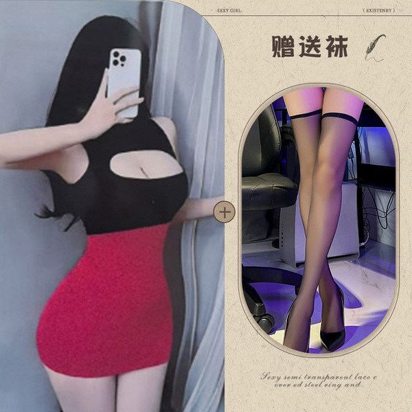 Sexy Secretary Bodysuit Outfit - Seductive Uniform Lingerie Set, No-Undress Pure Temptation Style - Black and red + 115 black