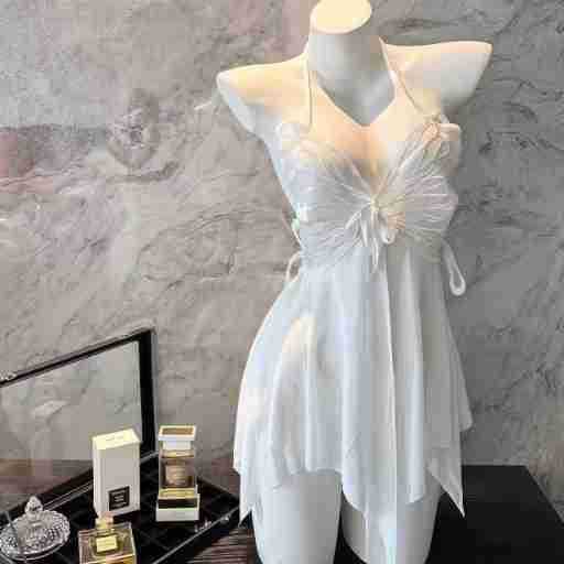 Sexy Backless Lace Sleep Dress with Butterfly Neck Strap - Sheer Mesh Lingerie Set for Women - White