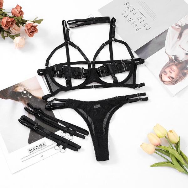 European and American style see-through lingerie four-piece set - Sexy Lingerie Set with Sheer Mesh & Lace, Provocative  - black