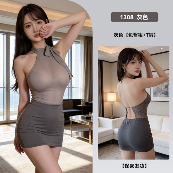 Sexy Lace Deep V Babydoll Nightgown - Flirty Sheer Mesh Sleepwear with Bow Detail for Small Bust Enhancement - 1308 Gray