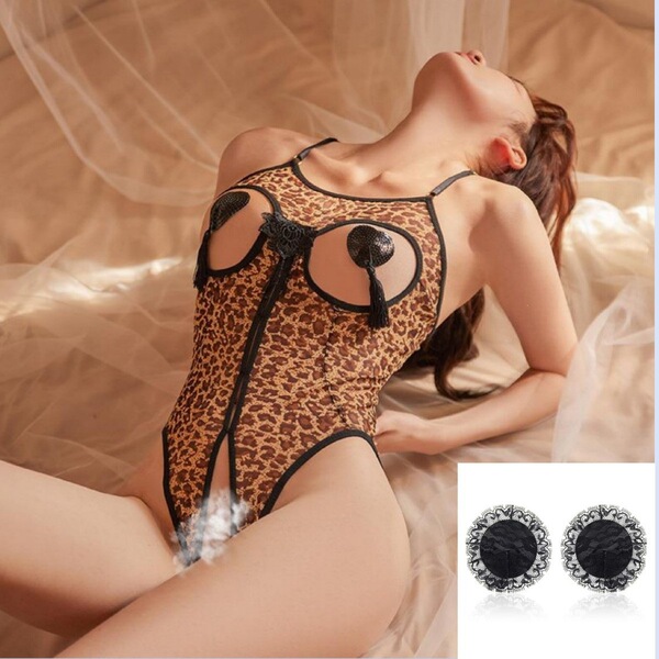 Leopard Print Lingerie Set - Seductive Sheer Bustier & Matching Bottoms, No-Remove Erotic Outfit for Women - Leopard print + lace nipple covers + 131 leash + black stockings