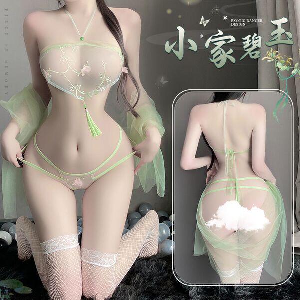 Woman wearing sheer green hanfu lingerie set with floral embroidery, fishnet stockings, and flowing sleeves.