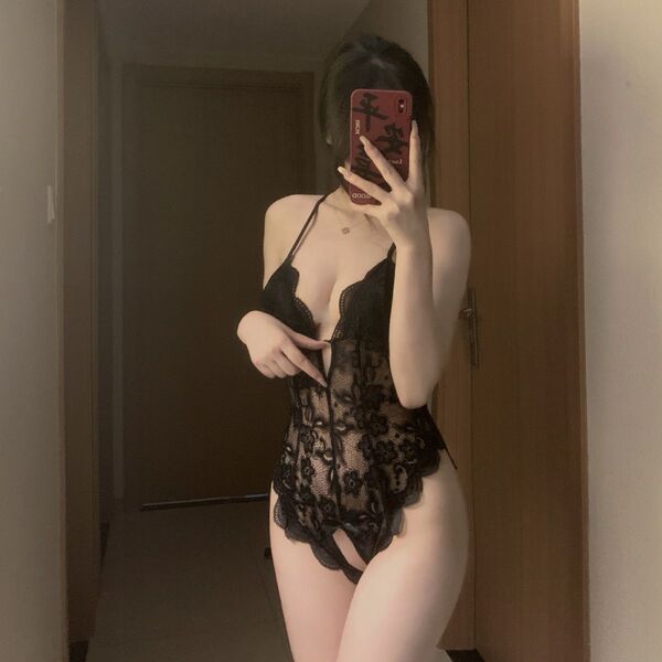 Sexy Sheer Lace Bodysuit with Built-in Pads - Seductive Open-Crotch Sleepwear for Women, Naughty Lingerie Set - black
