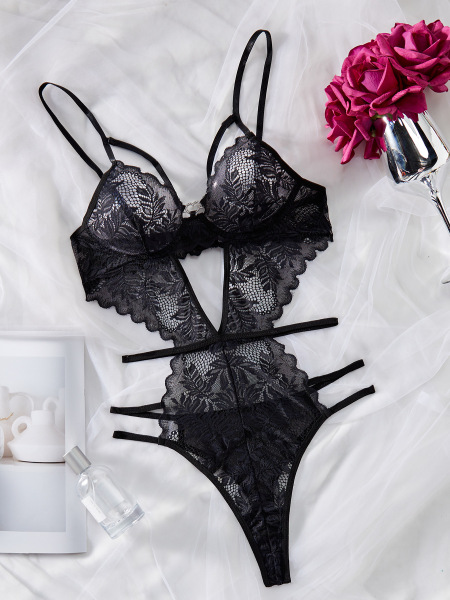 Lace Sheer Bodysuit for Women - Sexy European Style Erotic Lingerie, Ultra-Feminine Full-Lace Intimate Wear - black