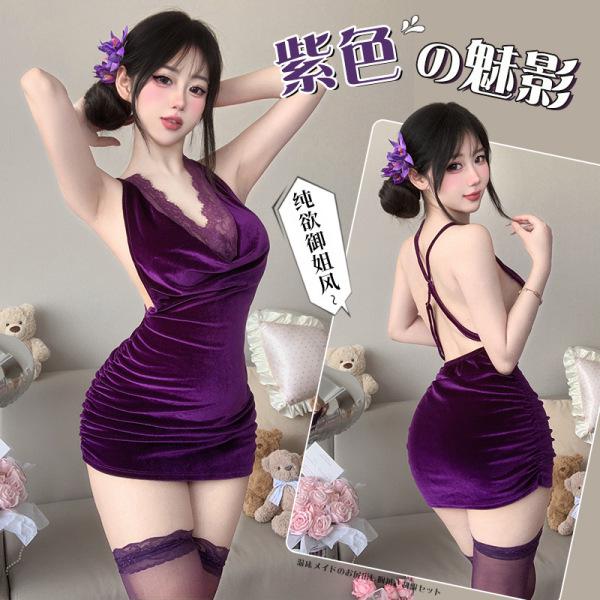 Purple Lace Bodysuit Skirt Set - Seductive No-Remove Lingerie Sleepwear Outfit