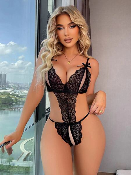 European-American Lace Bodysuit - Sexy Backless Mesh Sleepwear Set for Adults, No-Remove Seductive Outfit - black