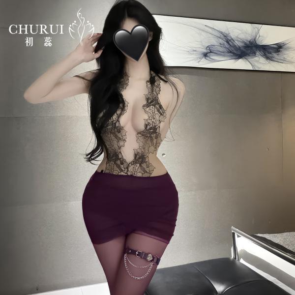 Woman wearing chu rui deep v-neck lace bodycon dress with thigh garter, elegant boudoir style.