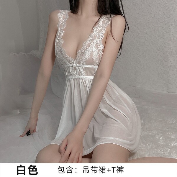 Sexy Sheer Lace Sleepwear for Women – Back-Slit Mesh Nightgown, Breathable & Flirty Bedroom Lingerie - White