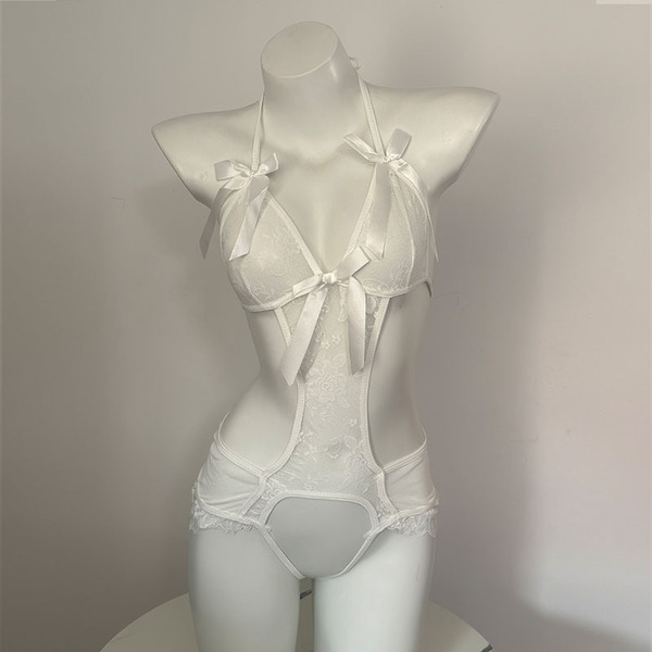 Sexy Lace Deep V Babydoll Nightgown - Flirty Sheer Mesh Sleepwear with Bow Detail for Small Bust Enhancement - 1723 White