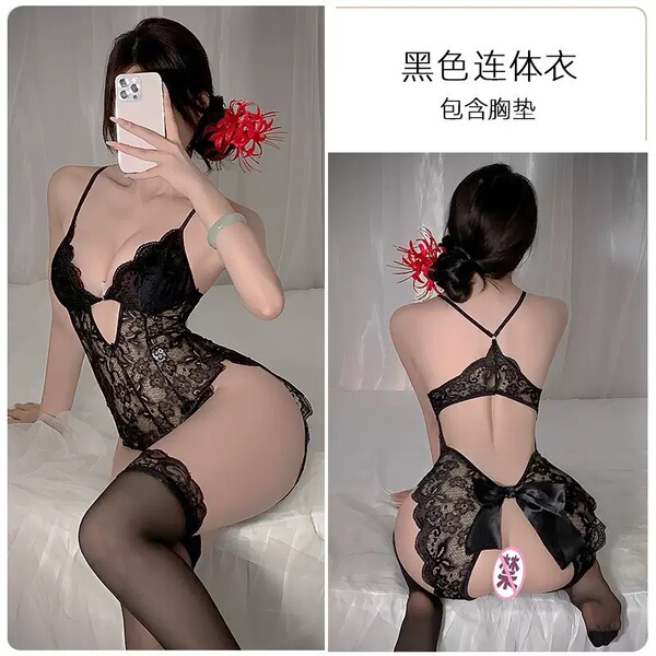 Sexy Lace Open-Crotch Bodysuit for Women – Sheer Seductive Sleepwear & Naughty Costume Outfit - black