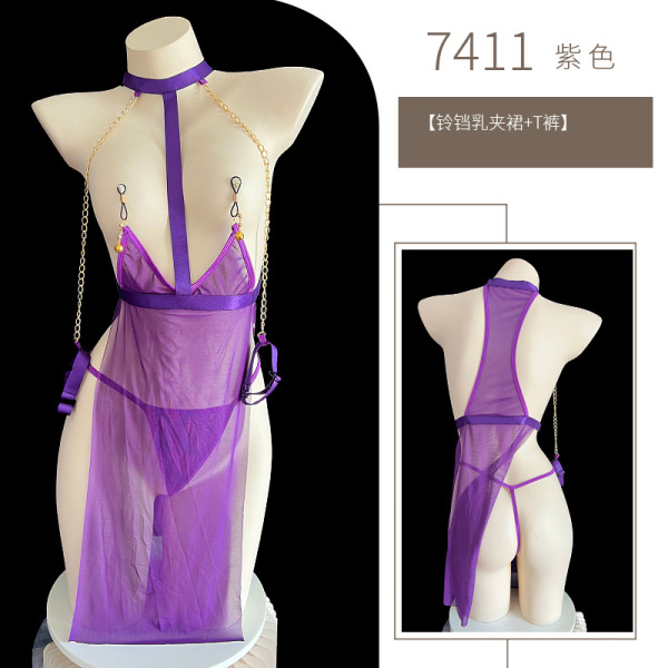 Seductive Lace Mesh Lingerie Set - Busty Sheer Provocative Outfit, No-Remove SM Costume for Adults - Purple