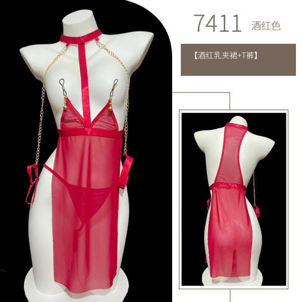 Seductive Lace Mesh Lingerie Set - Busty Sheer Provocative Outfit, No-Remove SM Costume for Adults - red