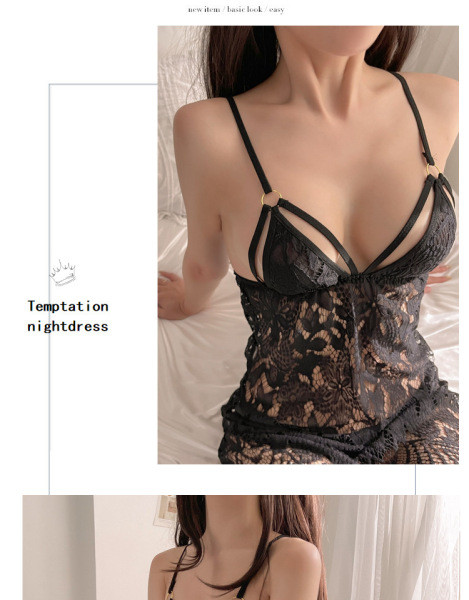 Pure & Seductive Lace Sleep Dress - Sheer Mesh Babydoll Nightgown with Adjustable Straps - black