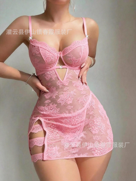 Luxury Lace Sheer Sleepwear Set - Sexy Bridal & Date Night Lingerie,Europe and America-Inspired Silk-Blend Chemise & Mat - pink