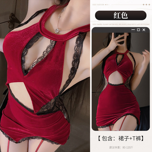 Qingruohan Sexy Lace-Trimmed Velvet Cheongsam Lingerie - Seductive Sheer Costume Outfit for Women - Red socks, size 196 (same style)
