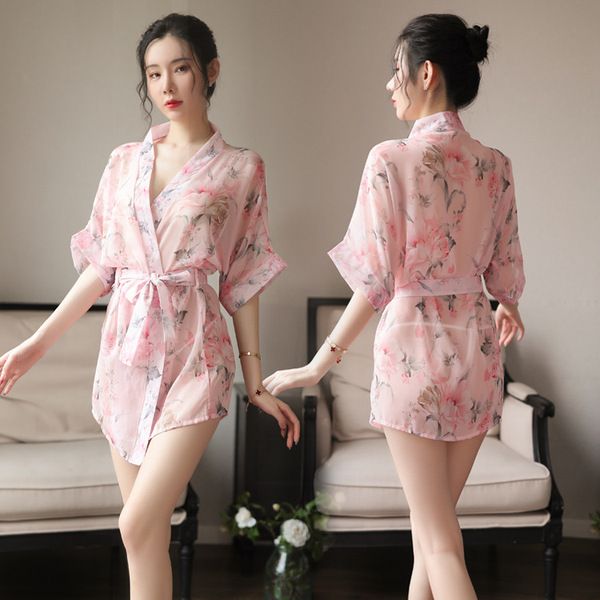 Japanese-Style Sexy Lace Sleepwear Set – Sheer Chiffon Kimono Robe & Matching Lingerie Outfit - 2