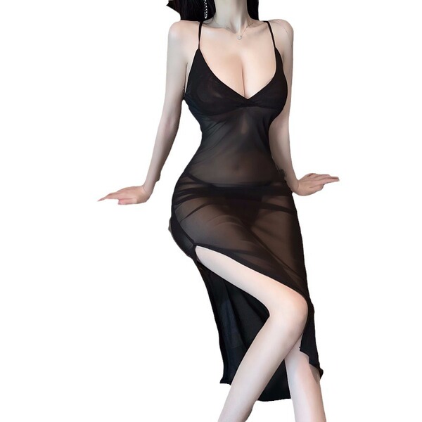 Sexy deep v lace sleepwear featuring sheer mesh design, long nightgown with adjustable straps, perfect for plus size comfort.