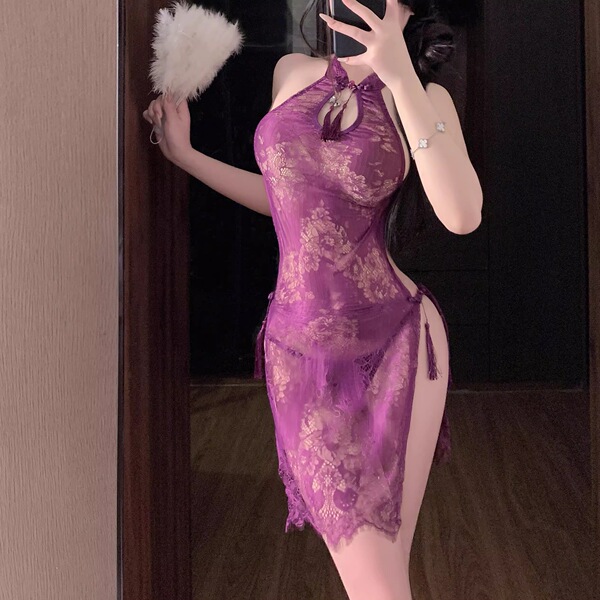 Woman in purple lace split cheongsam sleepwear, vintage-inspired erotic lingerie, plus size friendly up to 200 lbs.