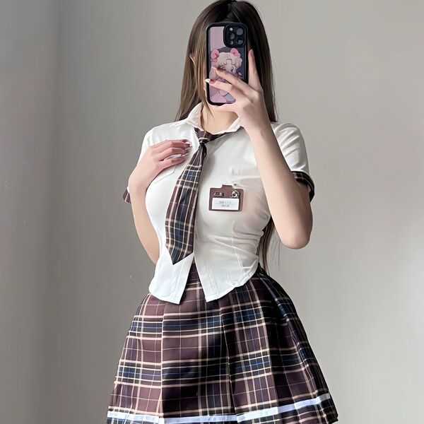 Sexy jk uniform set for plus size 200 lbs, featuring a white blouse, plaid skirt, and tie, perfect for seductive schoolgirl r...