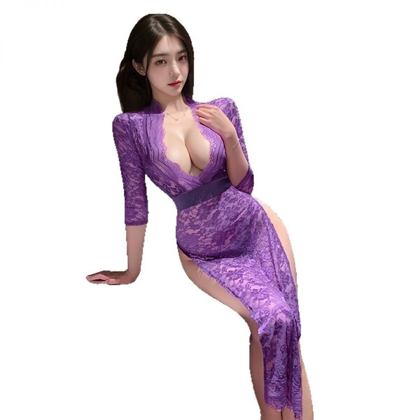 Woman modeling purple lace nightgown with deep v-neck, side slit, and bodycon fit. plus size sexy sleepwear dress for women u...