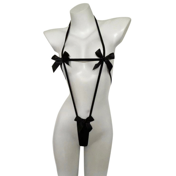 Black lace bodysuit with bow details on mannequin, plus size friendly for women up to 200 lbs.