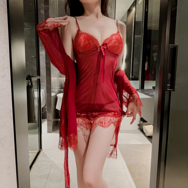 Woman modeling red lace lingerie set with sheer robe, elegant and spicy design for couples, plus size up to 200 lbs.