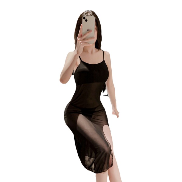 Woman wearing a black sheer plus size sexy lingerie set, featuring a busty-friendly robe style sleepwear dress.