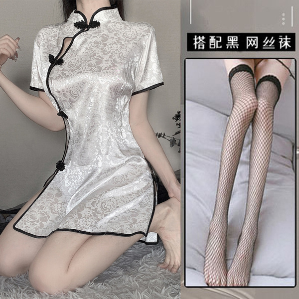 Sexy Lace Cheongsam Lingerie Set - Seductive Silk Sleepwear for Women, Flirty Nightwear & Costume Outfit - [2006 White] + [Black Web]