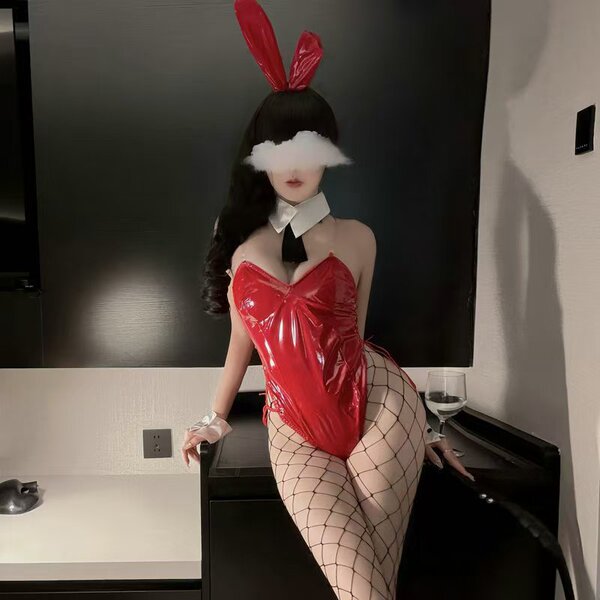 PU Bunny Girl Bodysuit - Sexy Soft & Cute Role Play Lingerie Set for Small Busts, Tummy Control & Bondage Style - 2009 Red (gloves not included)