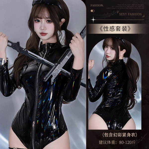 Shiny Black PVC Bodysuit for Women - Sexy Sheer Mesh Lingerie with Front Zipper & Thigh-High Shine - 2024 Set: [Iridescent Bodysuit]