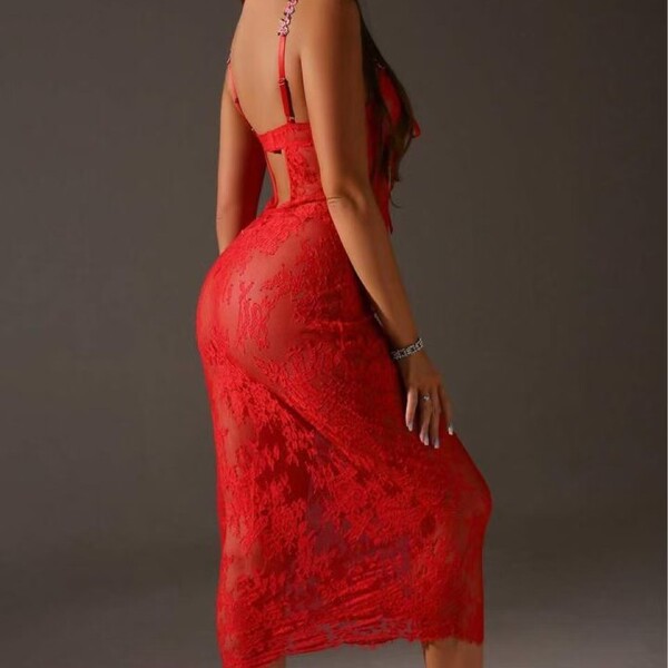 Elegant red lace slip dress featuring floral embroidery, adjustable straps, and a revealing design. perfect for evening wear.