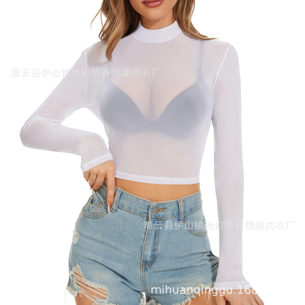 Woman wearing a white sheer mesh long sleeve crop top with high neck, styled as sexy lingerie for bold confidence.