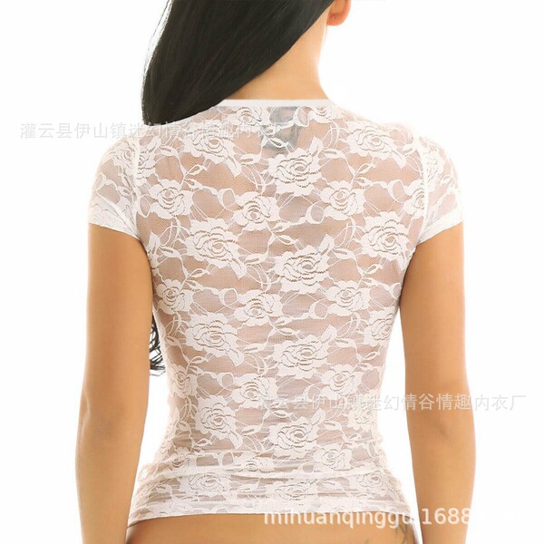 Woman wearing a white lace floral print top with a square neck, showcasing a trendy and sexy lingerie-inspired design.