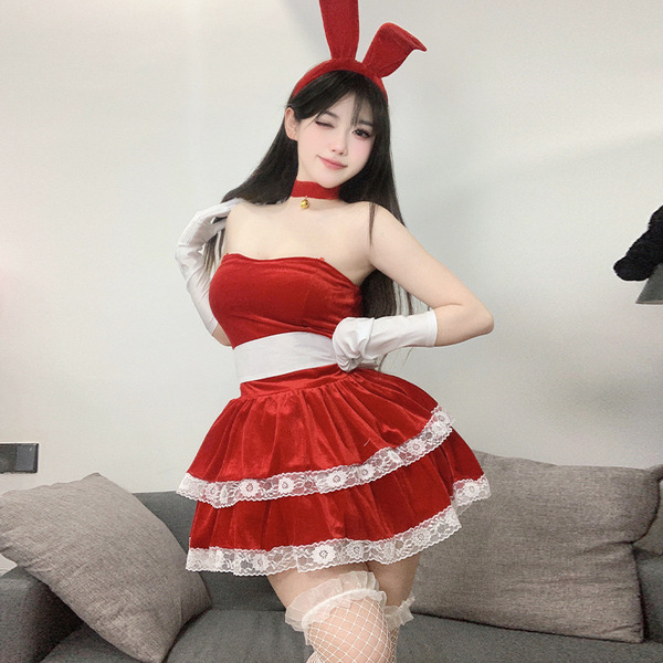 Sexy bunny girl costume set featuring a red dress with lace trim, bunny ears, gloves, and stockings perfect for christmas or ...
