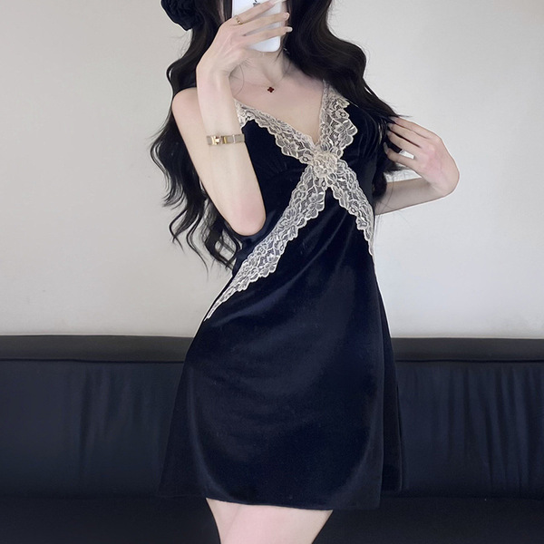 Luxury gold velvet lace sleep set featuring a strapless nightgown with matching bralette, perfect for fall and winter 2025 co...