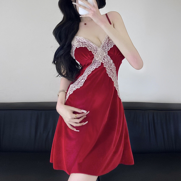 Elegant red luxury gold velvet lace sleep set featuring a padded strapless nightgown and matching bralette, perfect for fall/...