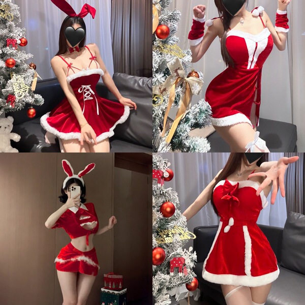 Elegant red and white santa-themed party costume featuring bunny ears, perfect for festive celebrations and themed events.