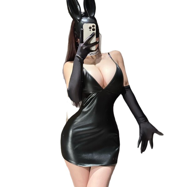 Sexy black bodysuit with rabbit ears and gloves, perfect for party wear. embrace pure temptation with sheer allure.