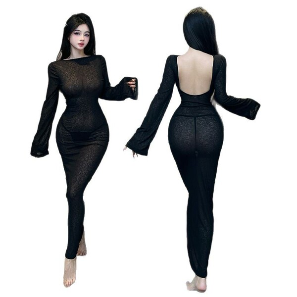 Front view of a black sheer long-sleeve nightgown dress with a deep back cutout, perfect for couples vacation wear.