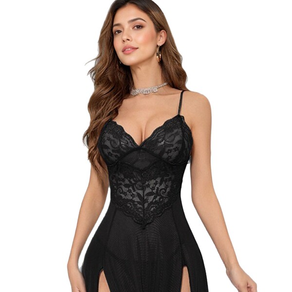 Sexy lace sleep dress featuring sheer mesh fabric, high slit design, elegant neckline, perfect for breathable nightwear.