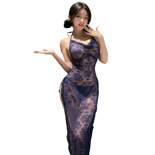 Elegant lace nightgown with high slit, perfect for intimate wear. modest design features luxurious fabric and sensuous appeal...