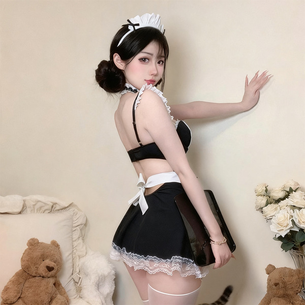 Sexy maid costume set featuring black and white design, lace details, and cotton lining for comfort. plus size option availab...